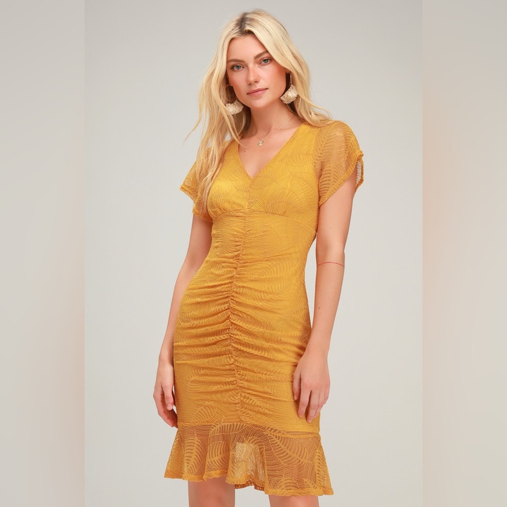 Lulu’s Harlou Mustard Yellow Lace Ruched Bodycon Dress